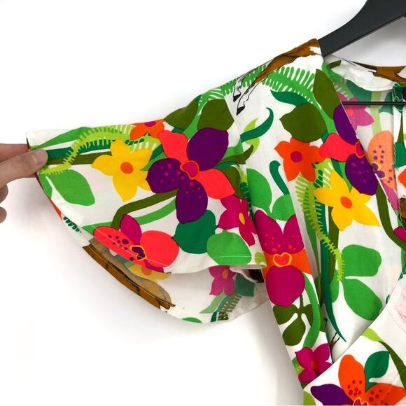 HANDMADE Tie Waist Antelope Mini Dress White Green S - Picture 3 of 13